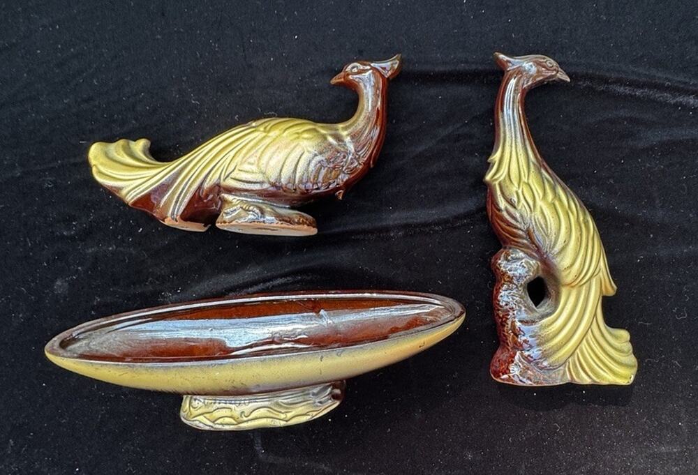 Vintage Rockingham Ware Brown & Goldtone Pheasant/Peacock Figurine Set -A36